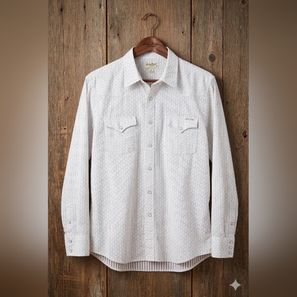 Lucky Brand Men's Western Snap Front White Patterned Button Down Shirt~Size XL